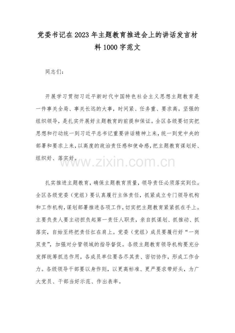 党委书记在2023年主题教育推进会上的讲话发言材料1000字范文.docx_第1页