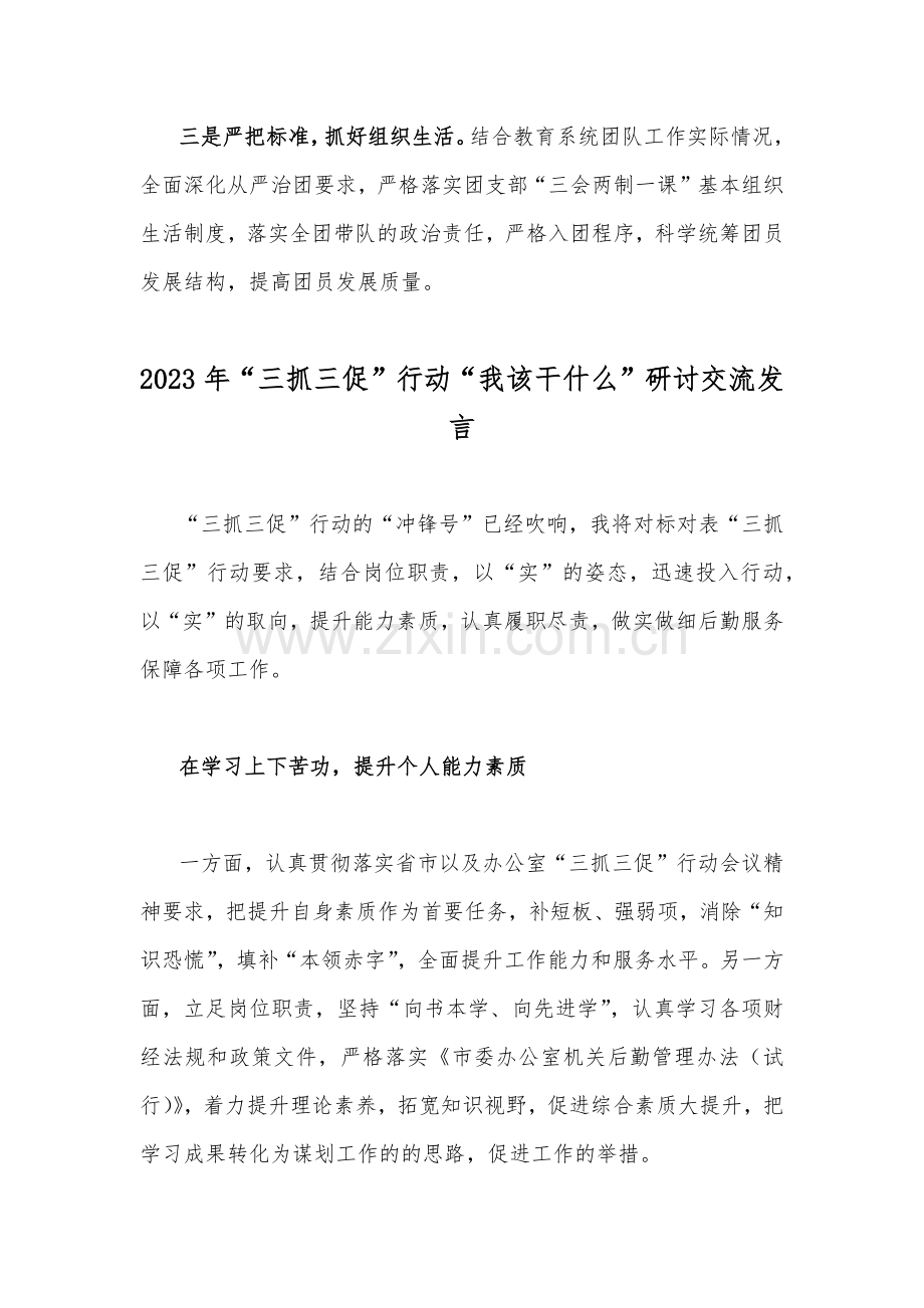 2023年“三抓三促”行动“我该干什么”研讨交流发言稿2篇文.docx_第2页