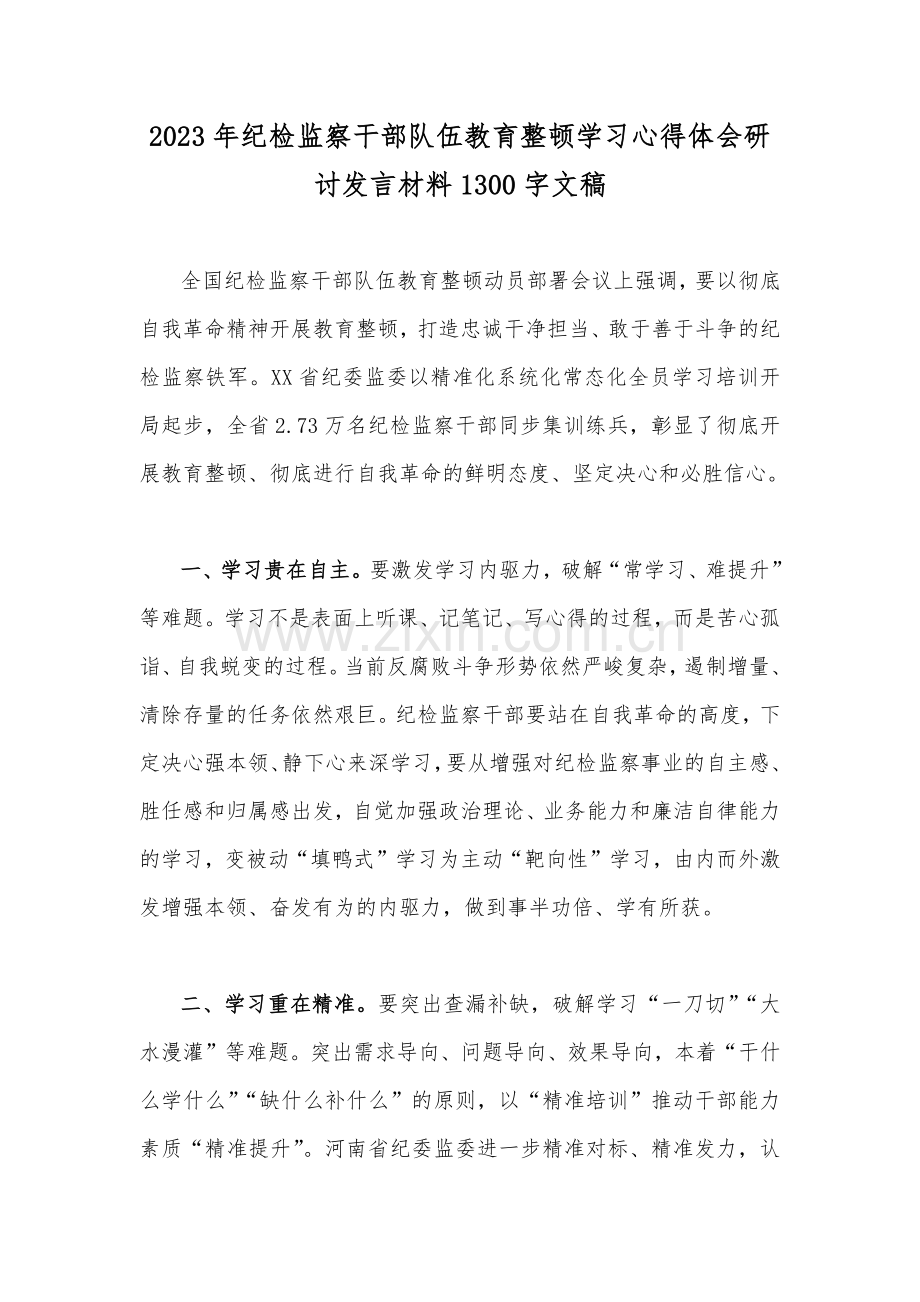 2023年纪检监察干部队伍教育整顿学习心得体会研讨发言材料1300字文稿.docx_第1页