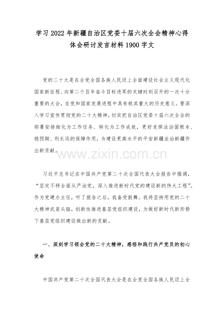 学习2022年新疆自治区党委十届六次全会精神心得体会研讨发言材料1900字文.docx_第1页