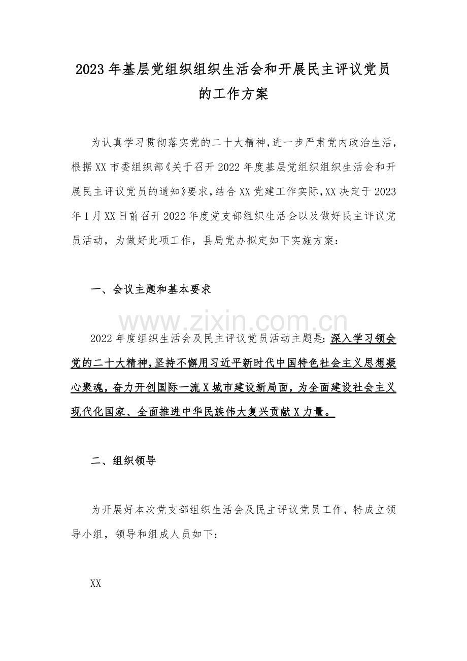 2023年基层党组织组织生活会和开展民主评议党员的工作方案.docx_第1页