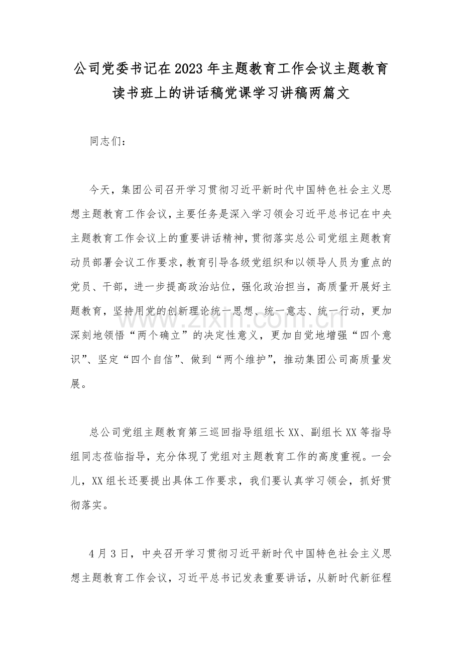 公司党委书记在2023年主题教育工作会议主题教育读书班上的讲话稿党课学习讲稿两篇文.docx_第1页