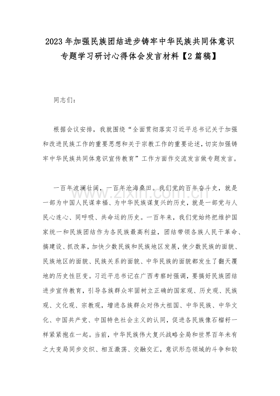 2023年加强民族团结进步铸牢中华民族共同体意识专题学习研讨心得体会发言材料【2篇稿】.docx_第1页