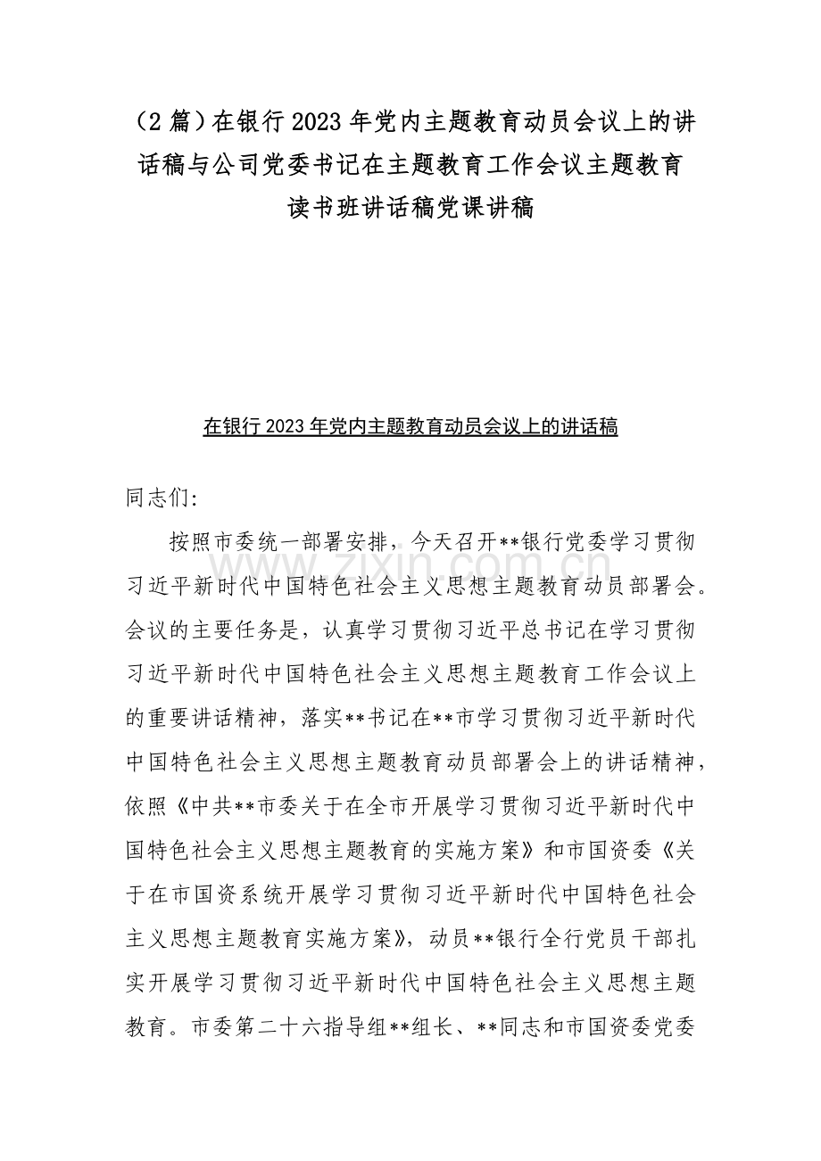 （2篇）在银行2023年党内主题教育动员会议上的讲话稿与公司党委书记在主题教育工作会议主题教育读书班讲话稿党课讲稿.docx_第1页