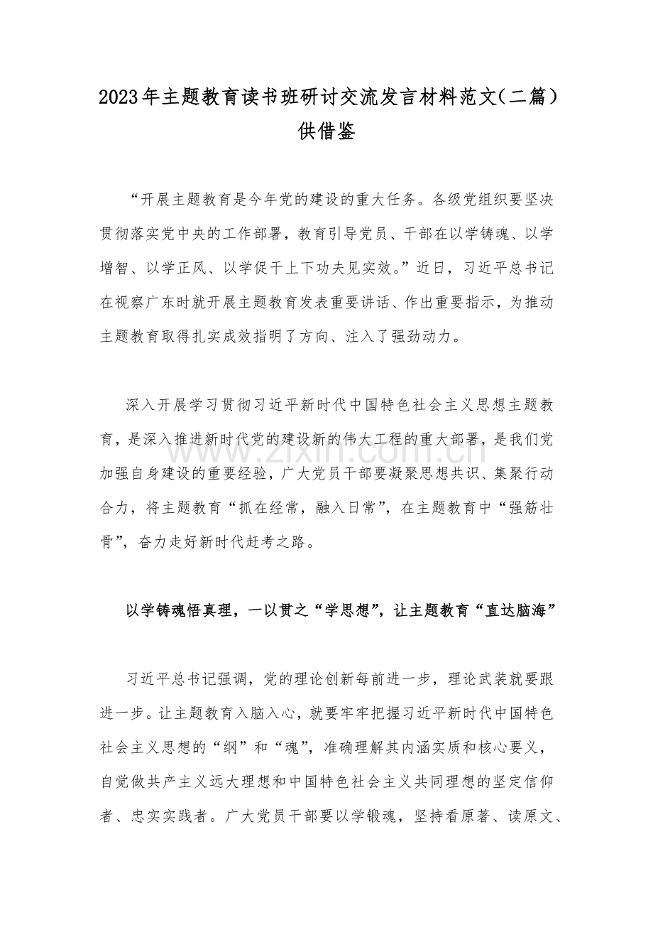 2023年主题教育读书班研讨交流发言材料范文（二篇）供借鉴.docx_第1页