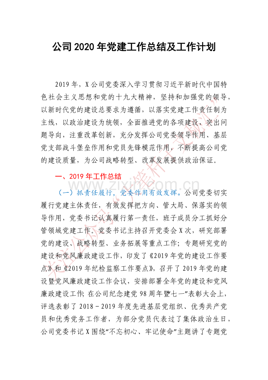 公司2020年党建工作总结及工作计划.docx_第1页