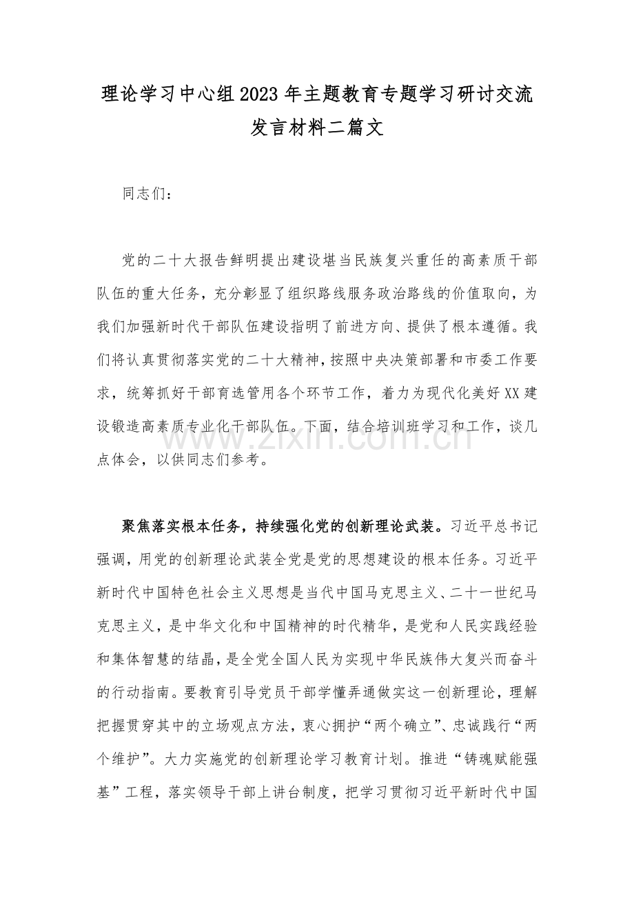 理论学习中心组2023年主题教育专题学习研讨交流发言材料二篇文.docx_第1页