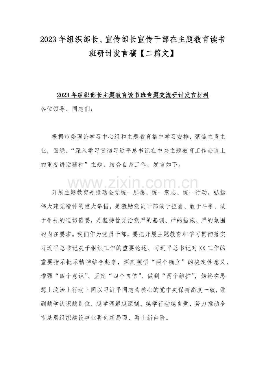 2023年组织部长、宣传部长宣传干部在主题教育读书班研讨发言稿【二篇文】.docx_第1页