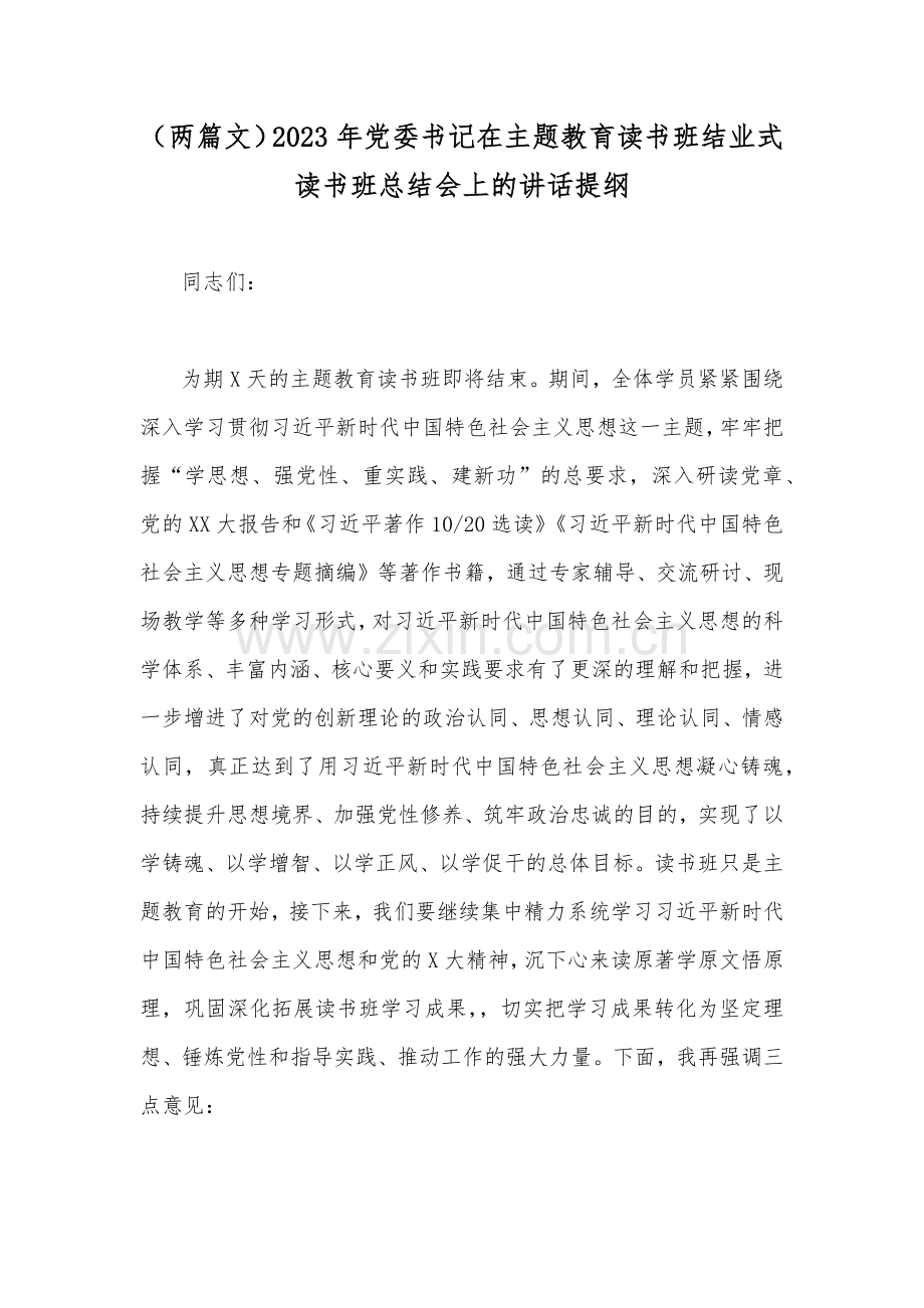 （两篇文）2023年党委书记在主题教育读书班结业式读书班总结会上的讲话提纲.docx_第1页