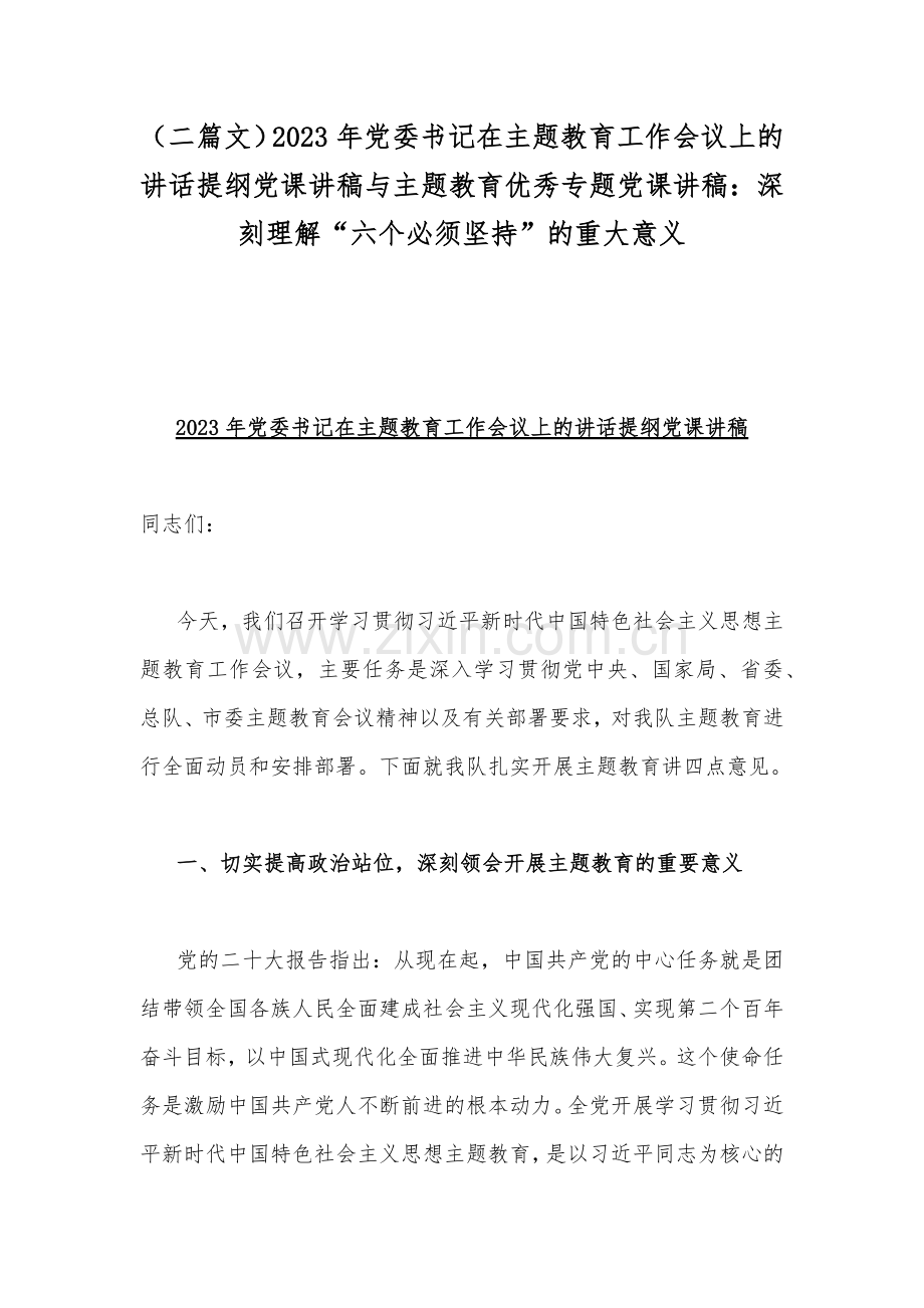 （二篇文）2023年党委书记在主题教育工作会议上的讲话提纲党课讲稿与主题教育优秀专题党课讲稿：深刻理解“六个必须坚持”的重大意义.docx_第1页