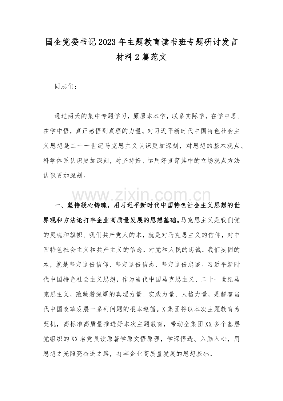 国企党委书记2023年主题教育读书班专题研讨发言材料2篇范文.docx_第1页