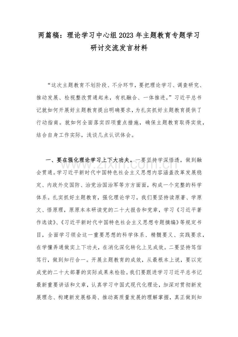 两篇稿：理论学习中心组2023年主题教育专题学习研讨交流发言材料.docx_第1页