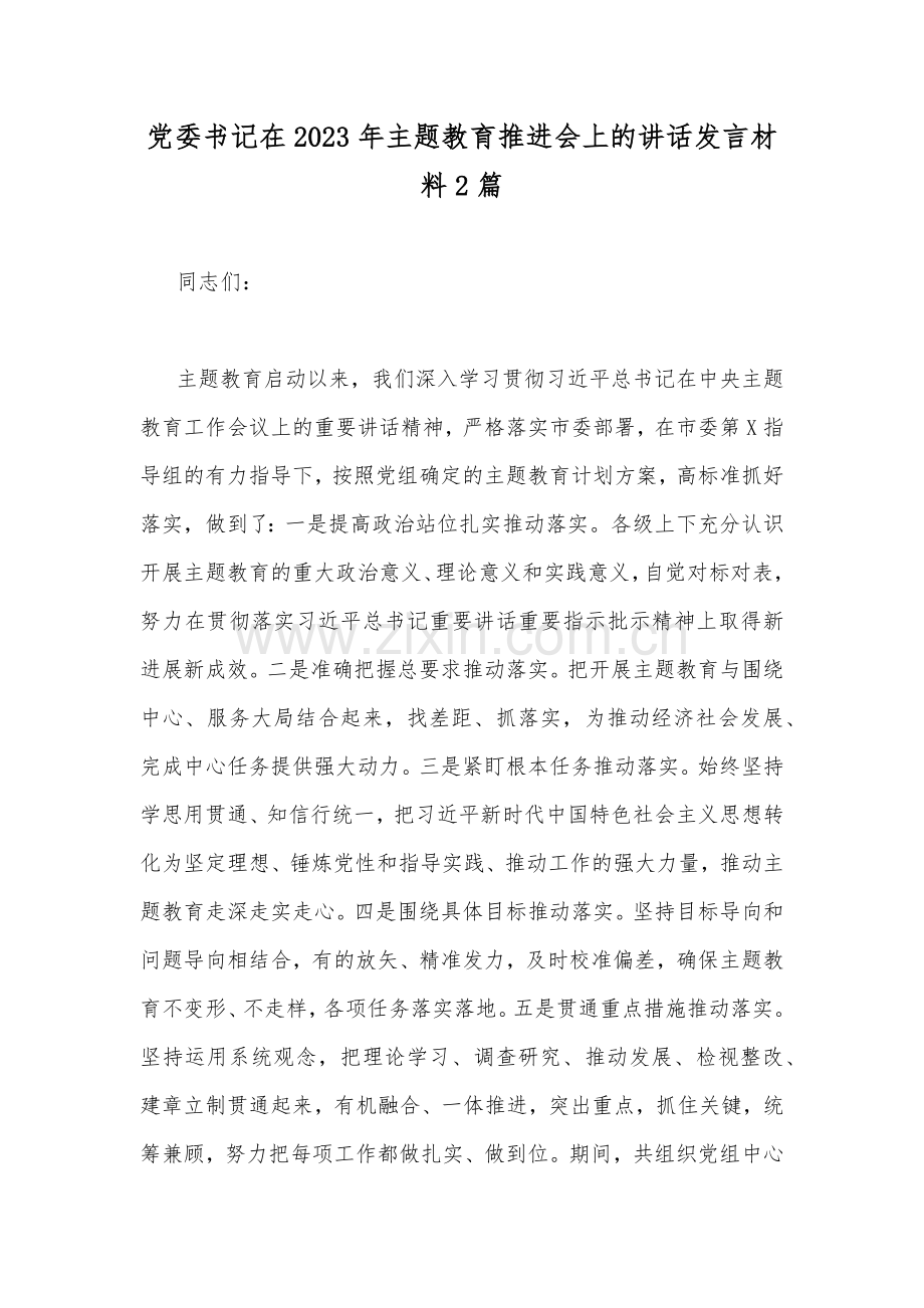 党委书记在2023年主题教育推进会上的讲话发言材料2篇.docx_第1页