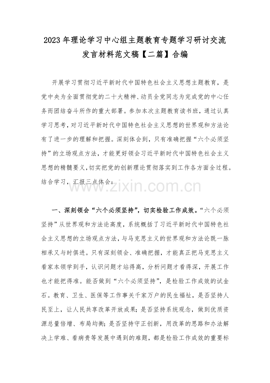 2023年理论学习中心组主题教育专题学习研讨交流发言材料范文稿【二篇】合编.docx_第1页