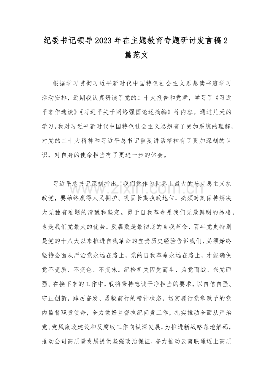 纪委书记领导2023年在主题教育专题研讨发言稿2篇范文.docx_第1页