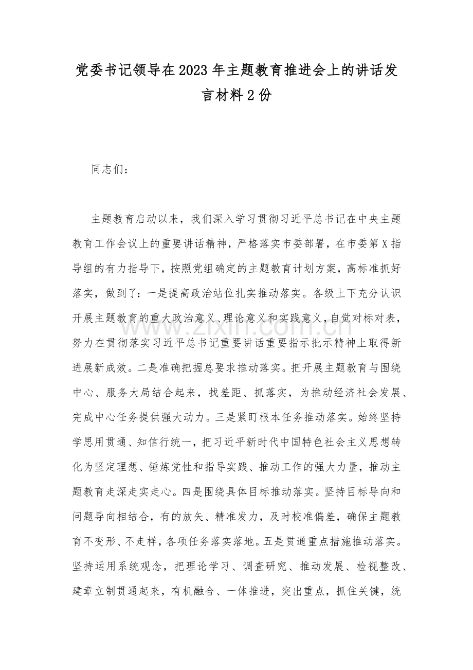 党委书记领导在2023年主题教育推进会上的讲话发言材料2份.docx_第1页