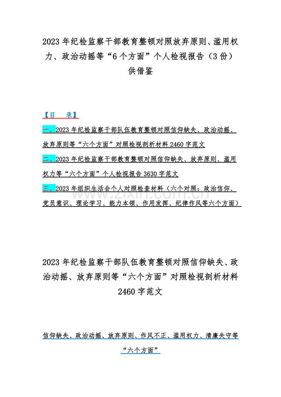 2023年纪检监察干部教育整顿对照放弃原则、滥用权力、政治动摇等“6个方面”个人检视报告（3份）供借鉴.docx_第1页