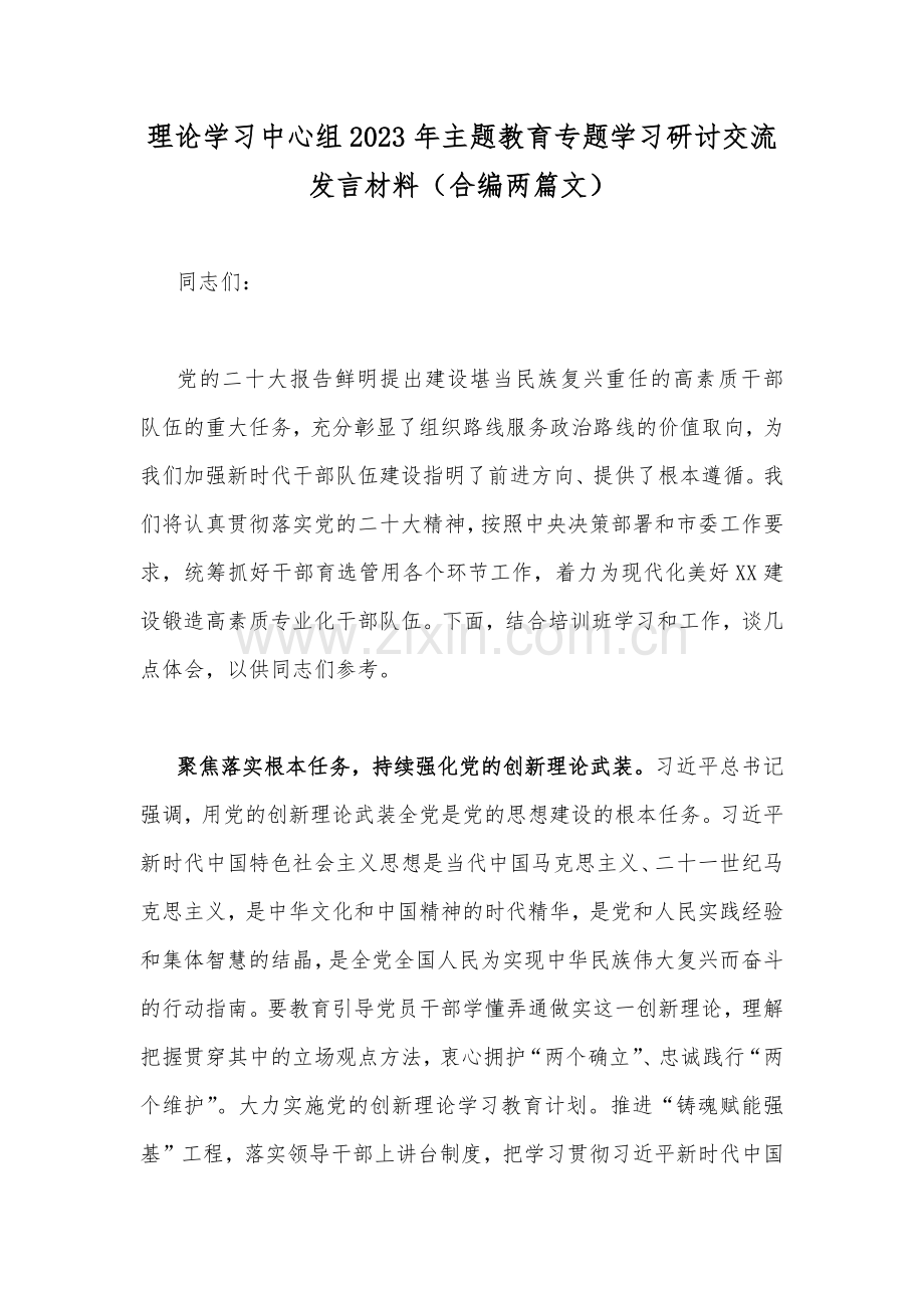 理论学习中心组2023年主题教育专题学习研讨交流发言材料（合编两篇文）.docx_第1页