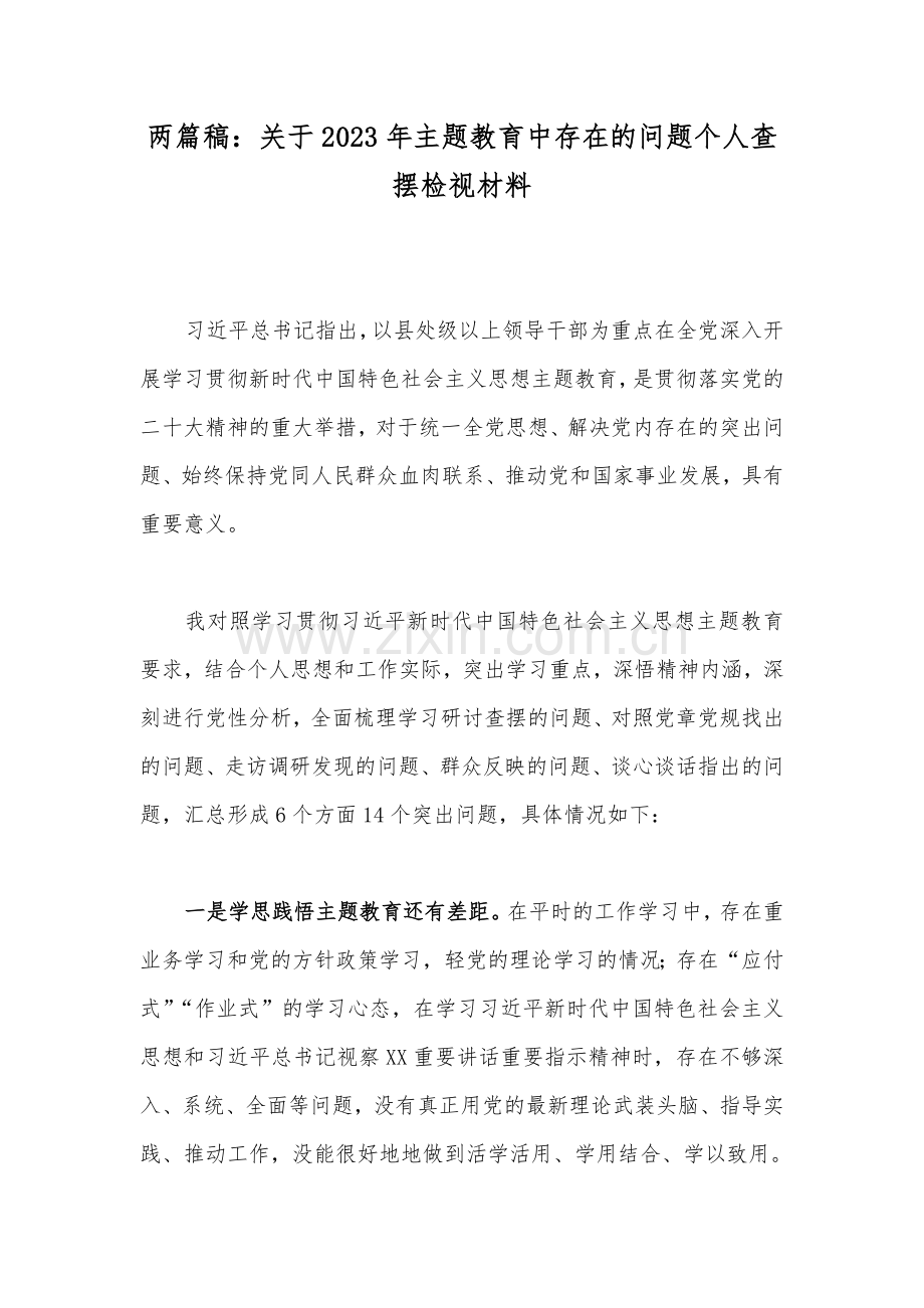 两篇稿：关于2023年主题教育中存在的问题个人查摆检视材料.docx_第1页