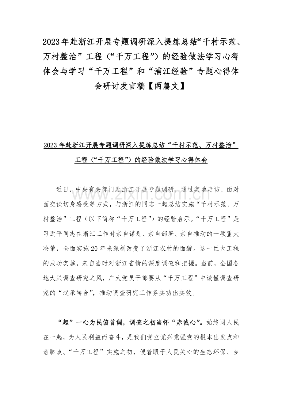 2023年赴浙江开展专题调研深入提炼总结“千村示范、万村整治”工程（“千万工程”）的经验做法学习心得体会与学习“千万工程”和“浦江经验”专题心得体会研讨发言稿【两篇文】.docx_第1页