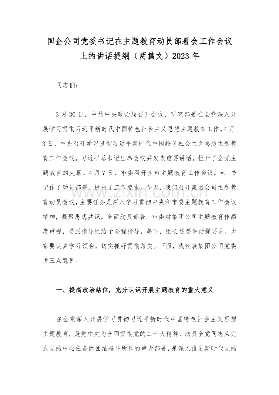 国企公司党委书记在主题教育动员部署会工作会议上的讲话提纲（两篇文）2023年.docx_第1页