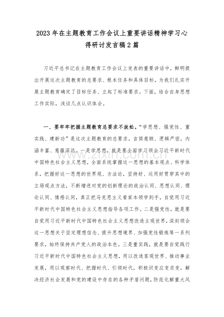 2023年在主题教育工作会议上重要讲话精神学习心得研讨发言稿2篇.docx_第1页