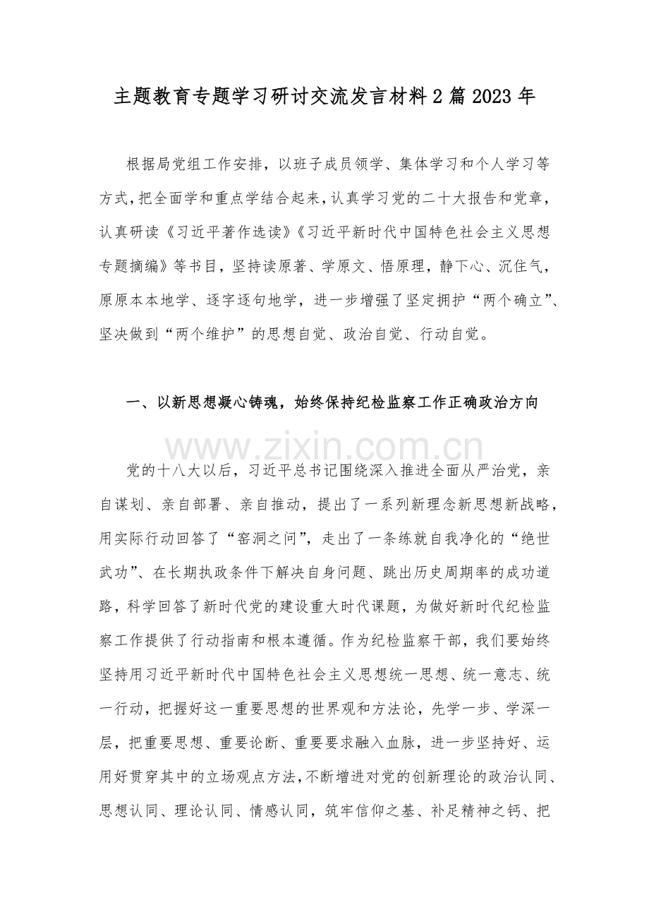 主题教育专题学习研讨交流发言材料2篇2023年.docx_第1页