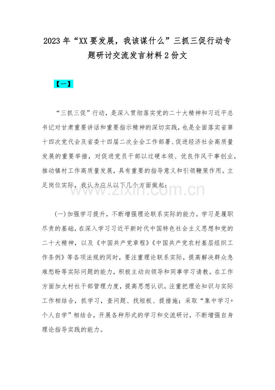 2023年“XX要发展我该谋什么”三抓三促行动专题研讨交流发言材料2份文.docx_第1页