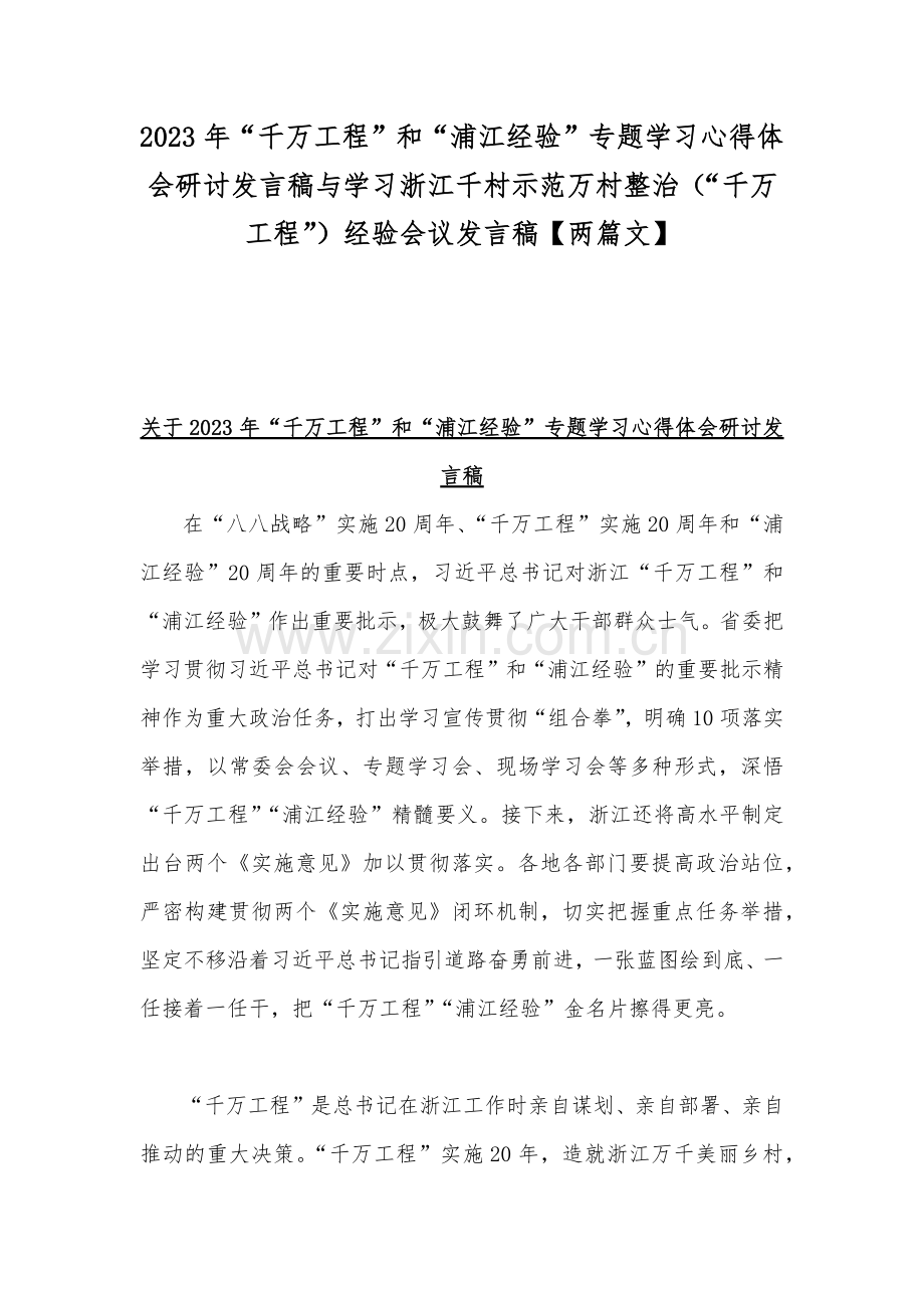 2023年“千万工程”和“浦江经验”专题学习心得体会研讨发言稿与学习浙江千村示范万村整治（“千万工程”）经验会议发言稿【两篇文】.docx_第1页