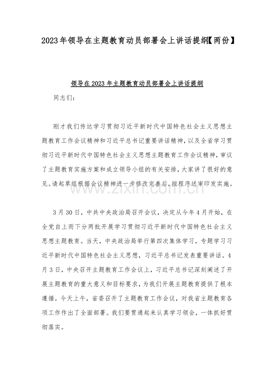 2023年领导在主题教育动员部署会上讲话提纲【两份】.docx_第1页