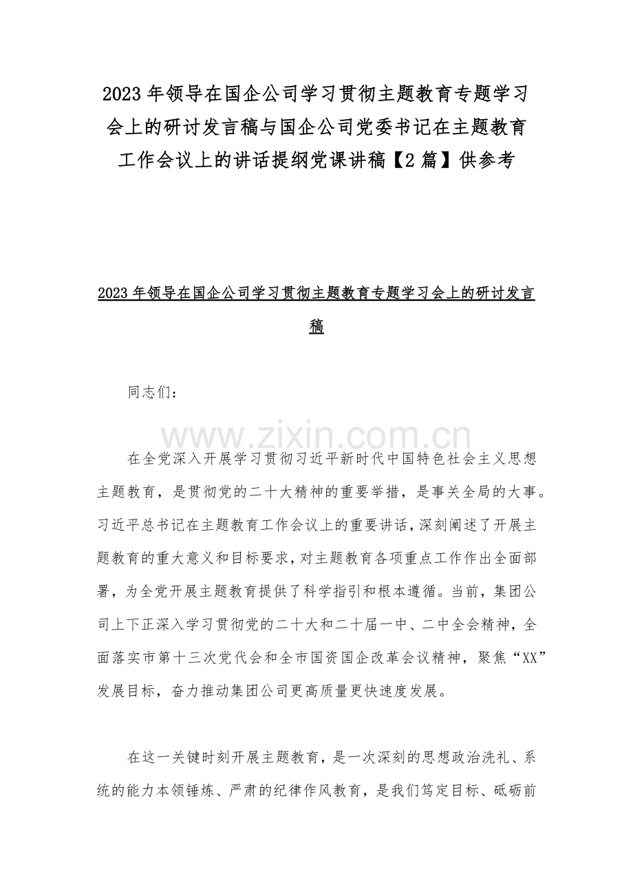 2023年领导在国企公司学习贯彻主题教育专题学习会上的研讨发言稿与国企公司党委书记在主题教育工作会议上的讲话提纲党课讲稿【2篇】供参考.docx_第1页