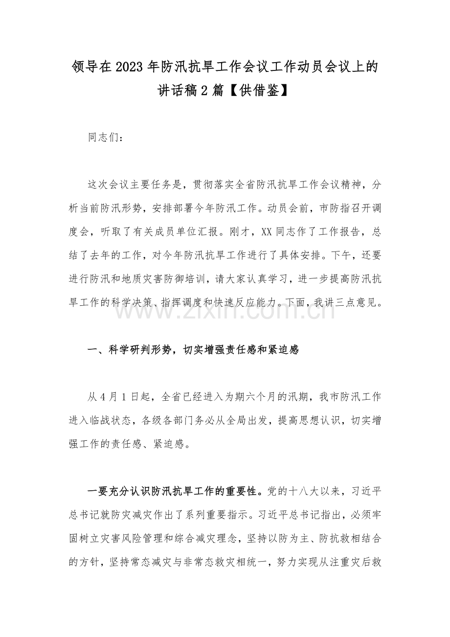 领导在2023年防汛抗旱工作会议工作动员会议上的讲话稿2篇【供借鉴】.docx_第1页