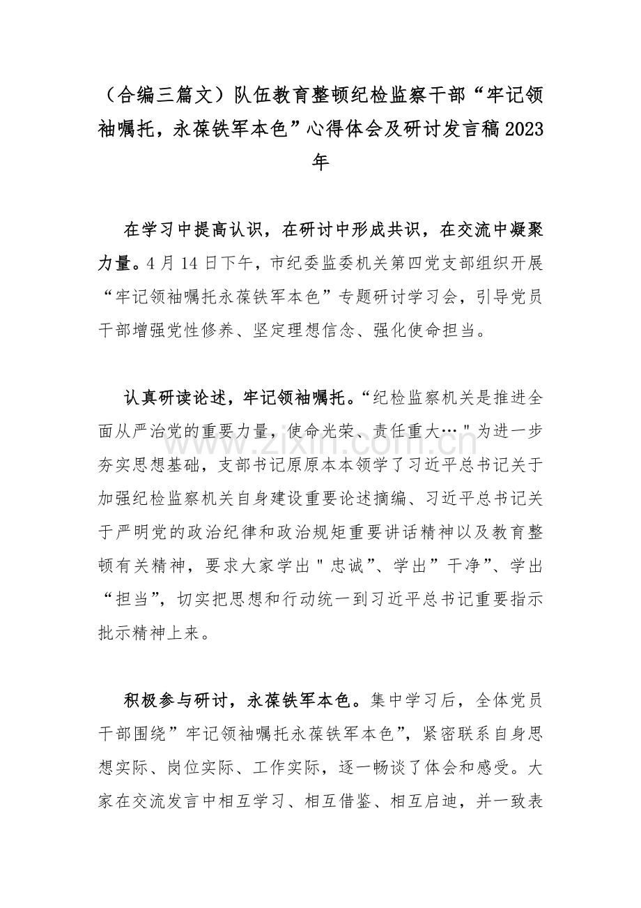 （合编三篇文）队伍教育整顿纪检监察干部“牢记领袖嘱托永葆铁军本色”心得体会及研讨发言稿2023年.docx_第1页