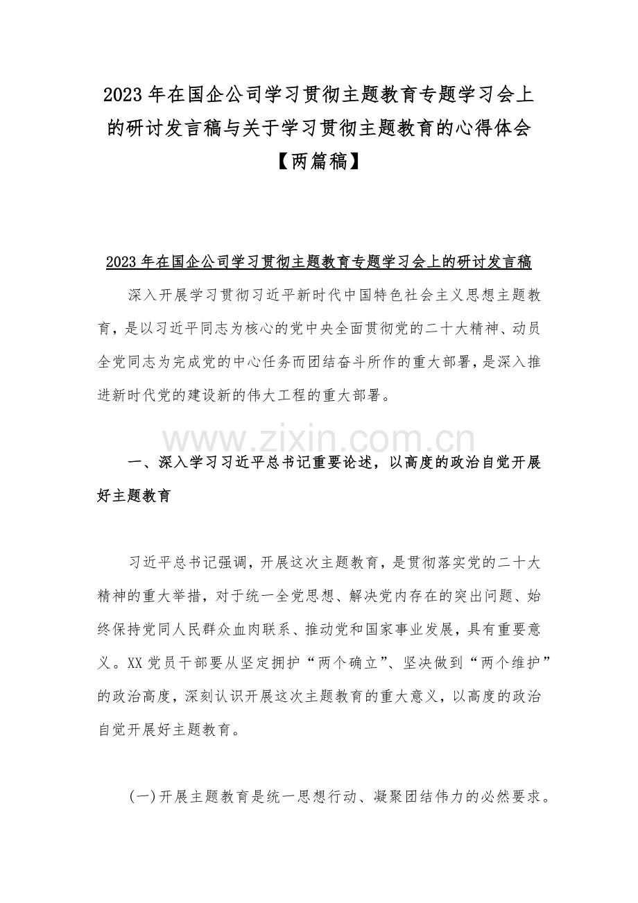 2023年在国企公司学习贯彻主题教育专题学习会上的研讨发言稿与关于学习贯彻主题教育的心得体会【两篇稿】.docx_第1页