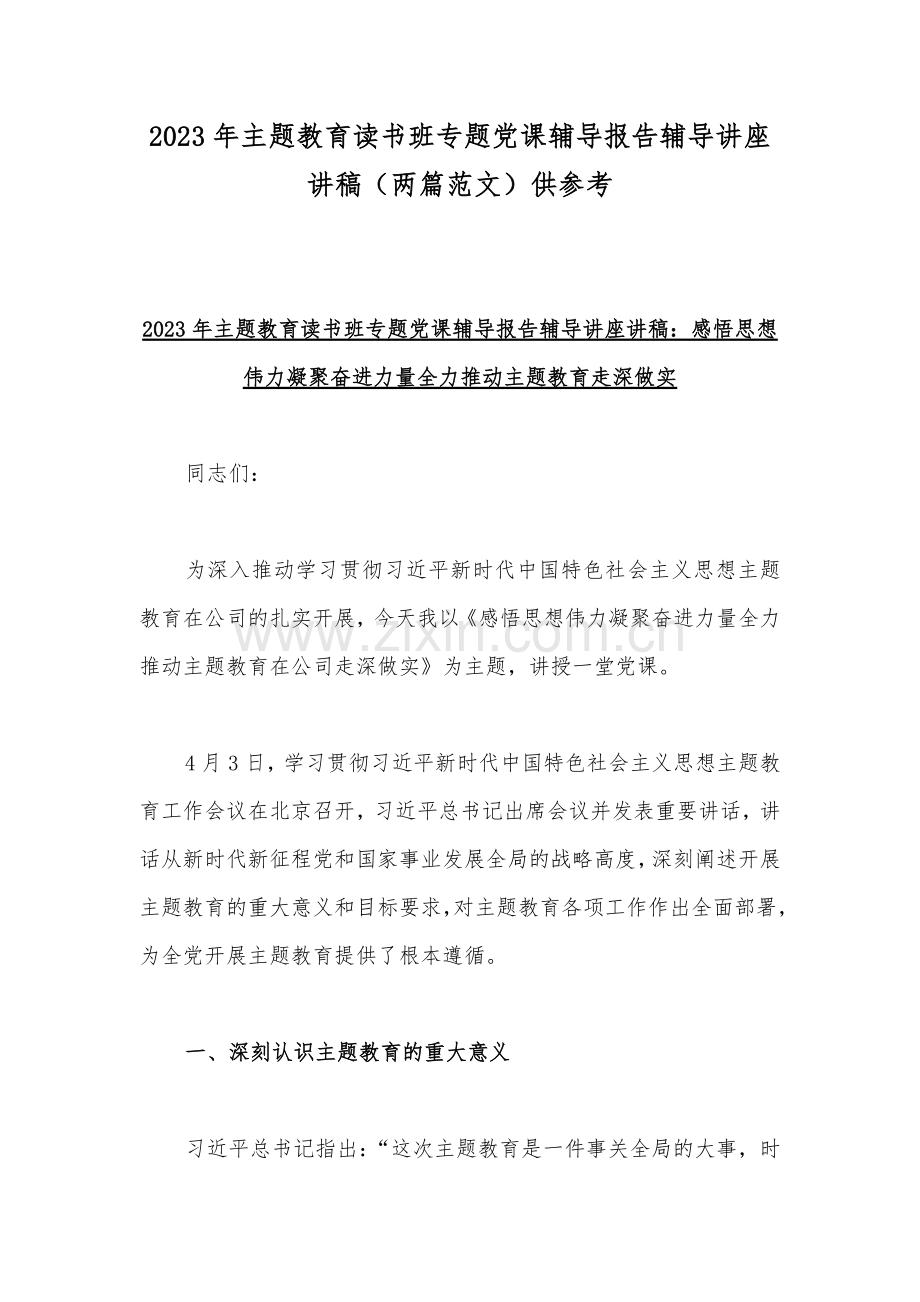 2023年主题教育读书班专题党课辅导报告辅导讲座讲稿（两篇范文）供参考.docx_第1页