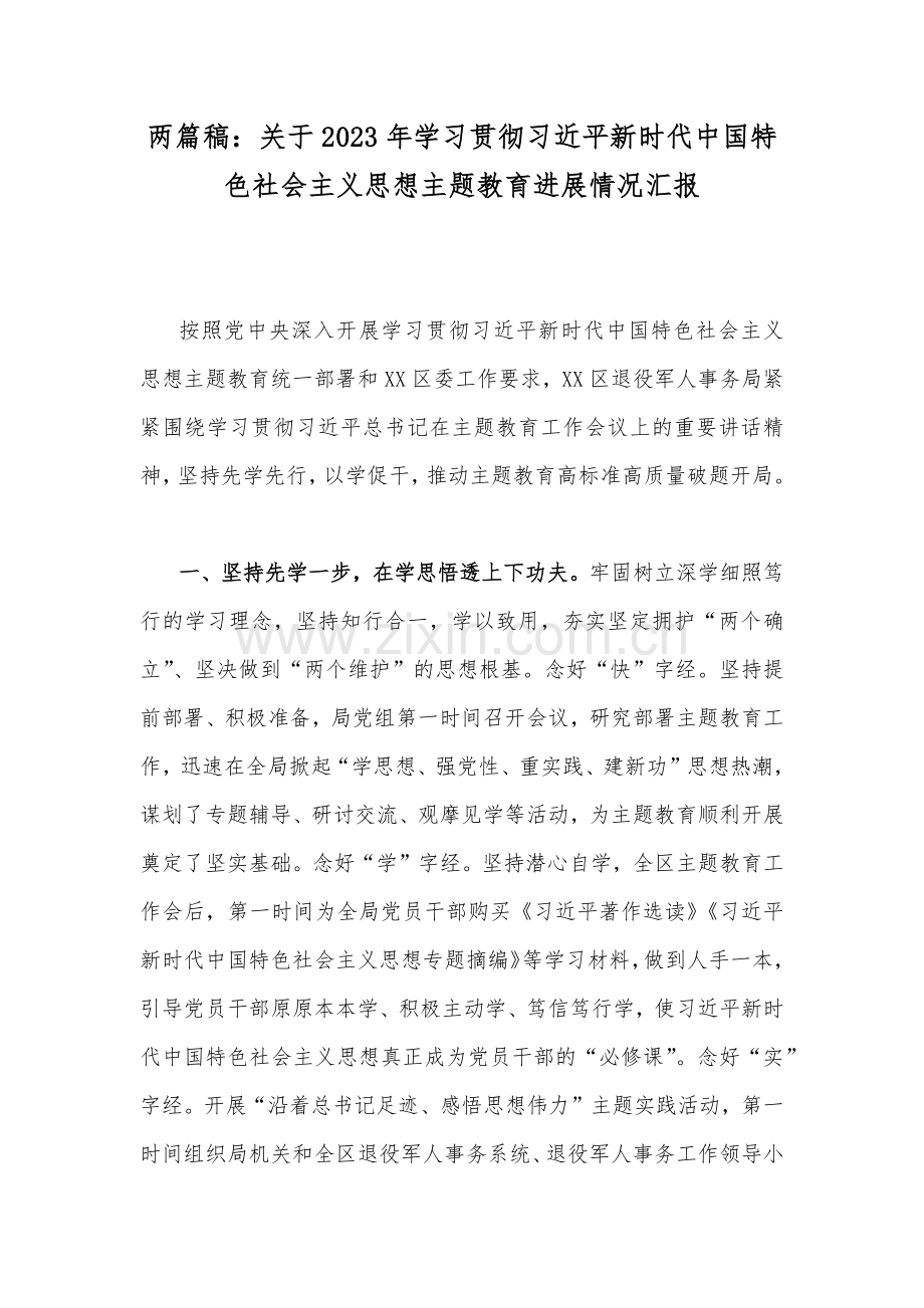 两篇稿：关于2023年学习贯彻习近平新时代中国特色社会主义思想主题教育进展情况汇报.docx_第1页