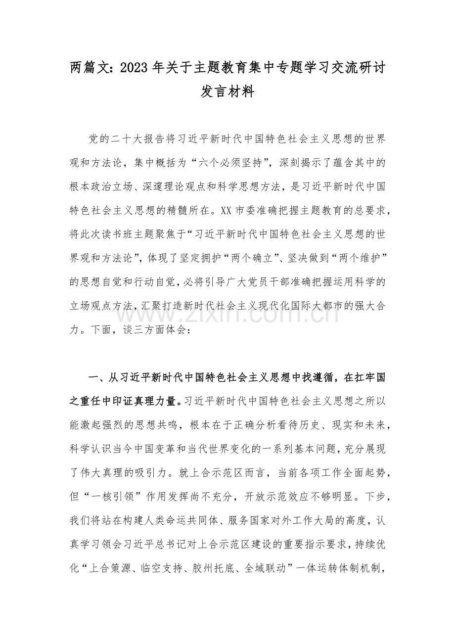 两篇文：2023年关于主题教育集中专题学习交流研讨发言材料.docx_第1页