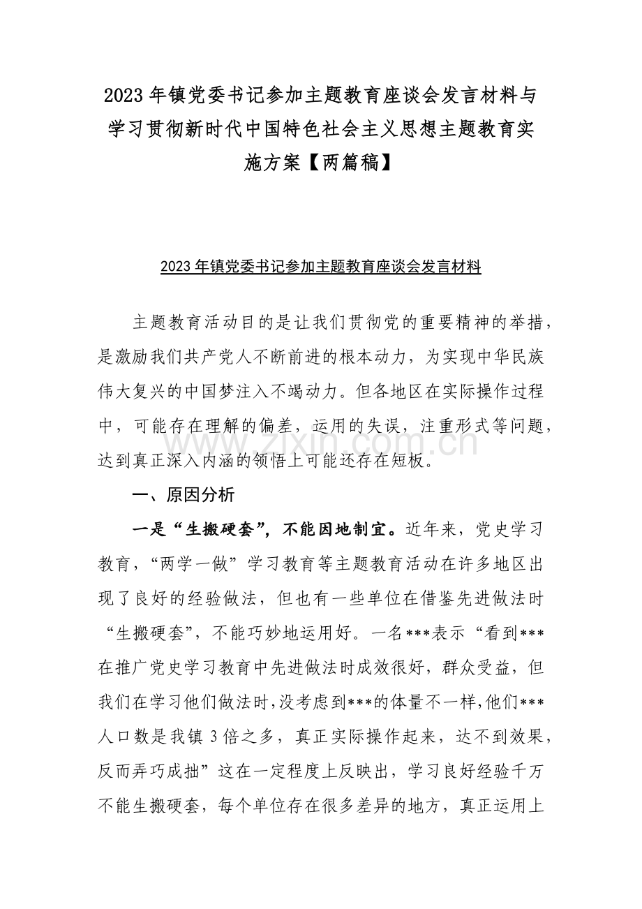 2023年镇党委书记参加主题教育座谈会发言材料与学习贯彻新时代中国特色社会主义思想主题教育实施方案【两篇稿】.docx_第1页