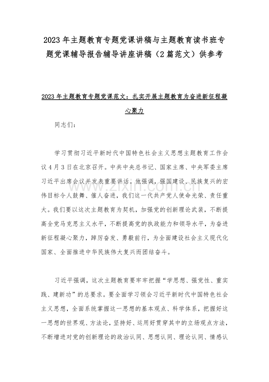 2023年主题教育专题党课讲稿与主题教育读书班专题党课辅导报告辅导讲座讲稿（2篇范文）供参考.docx_第1页