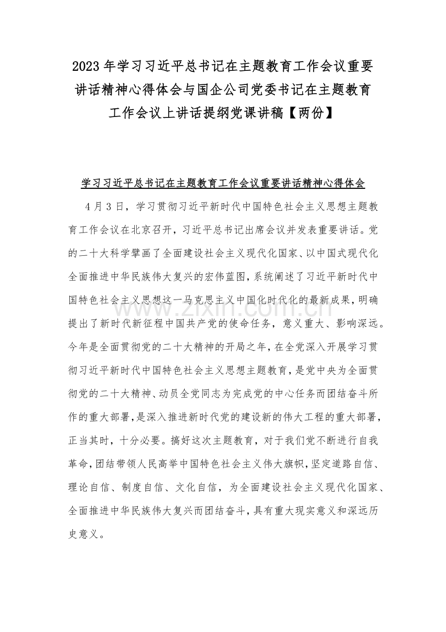 2023年学习习近平总书记在主题教育工作会议重要讲话精神心得体会与国企公司党委书记在主题教育工作会议上讲话提纲党课讲稿【两份】.docx_第1页