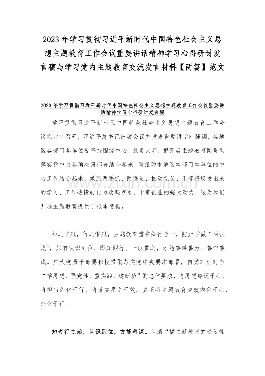 2023年学习贯彻习近平新时代中国特色社会主义思想主题教育工作会议重要讲话精神学习心得研讨发言稿与学习党内主题教育交流发言材料【两篇】范文.docx_第1页