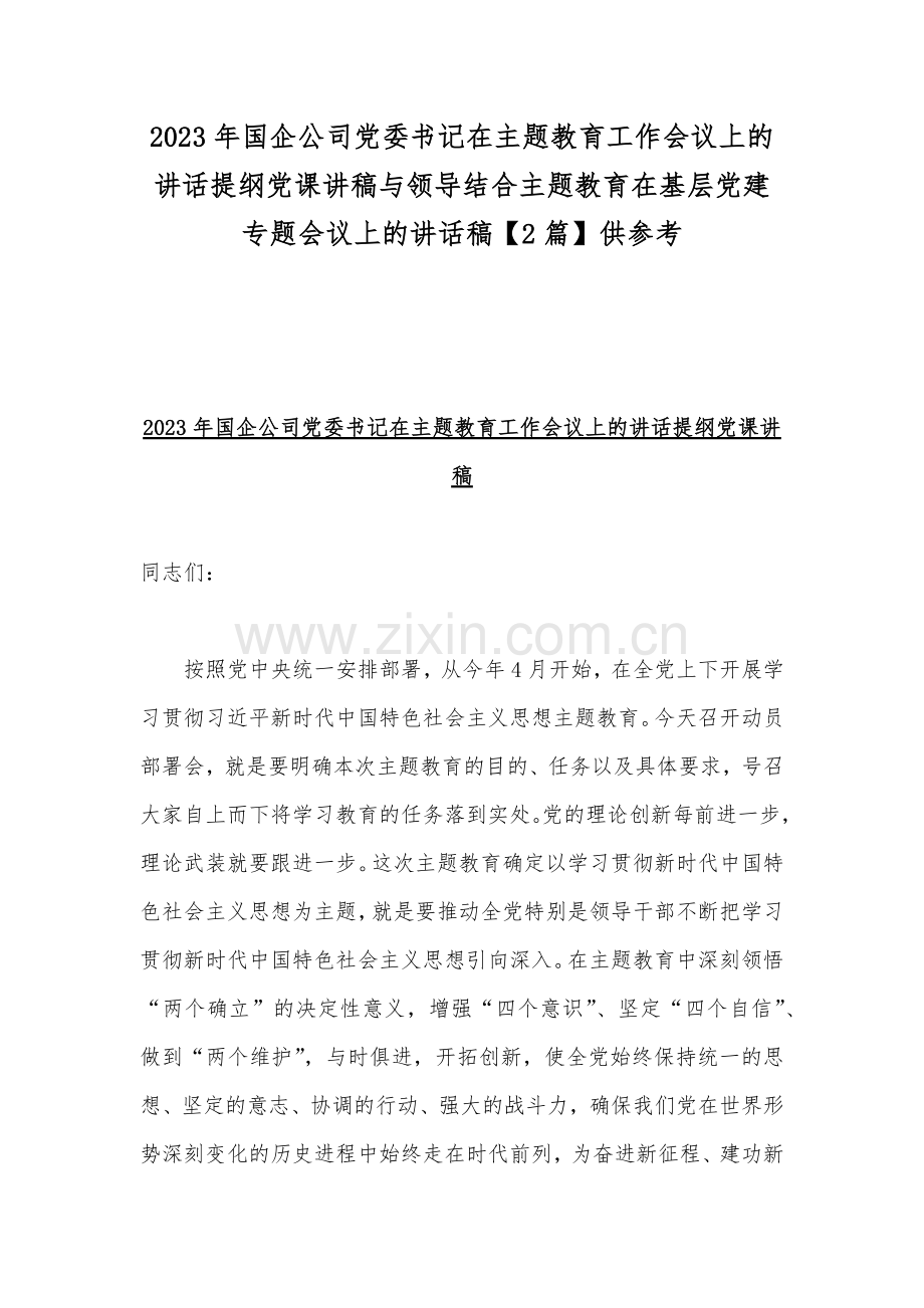 2023年国企公司党委书记在主题教育工作会议上的讲话提纲党课讲稿与领导结合主题教育在基层党建专题会议上的讲话稿【2篇】供参考.docx_第1页