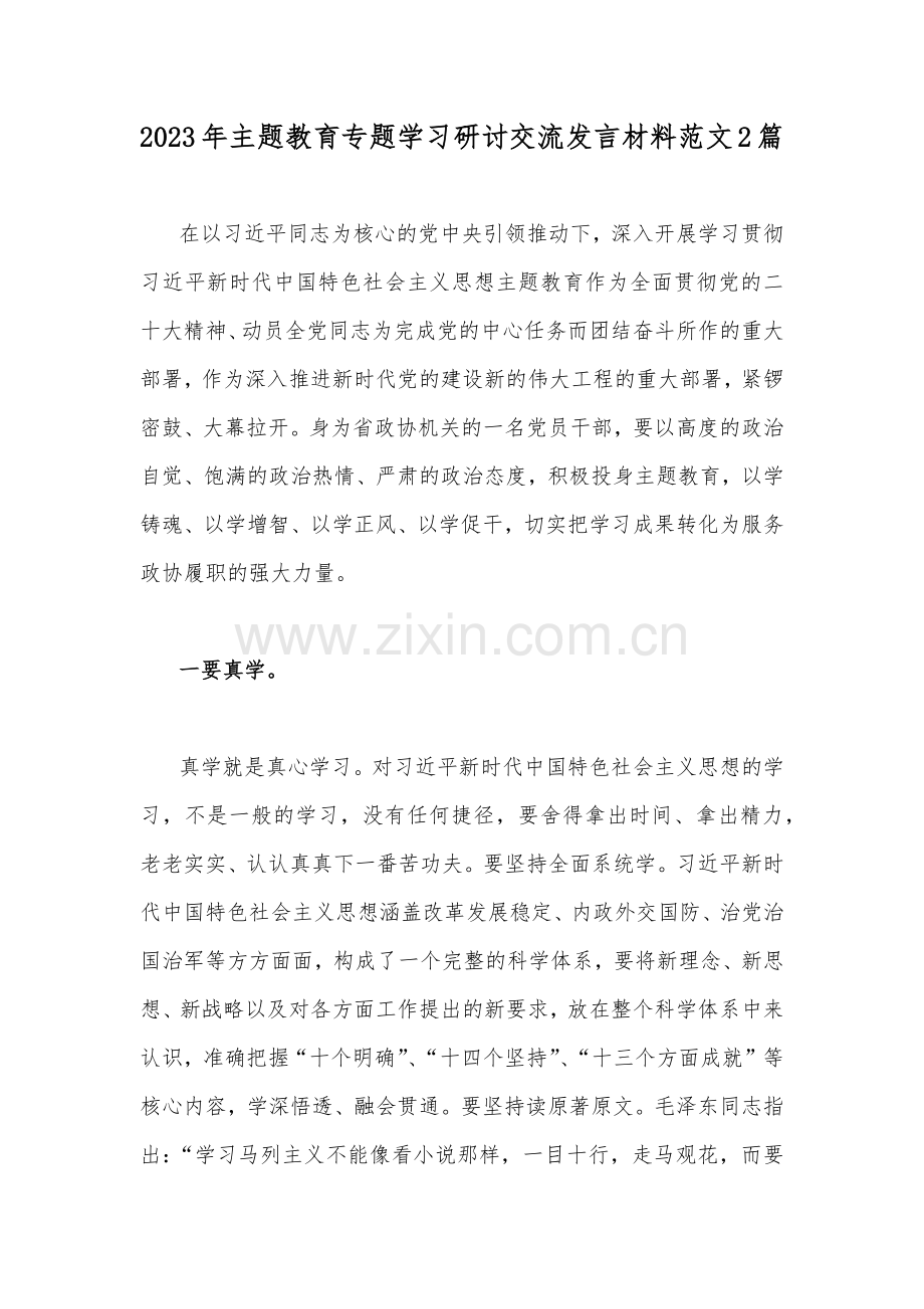 2023年主题教育专题学习研讨交流发言材料范文2篇.docx_第1页