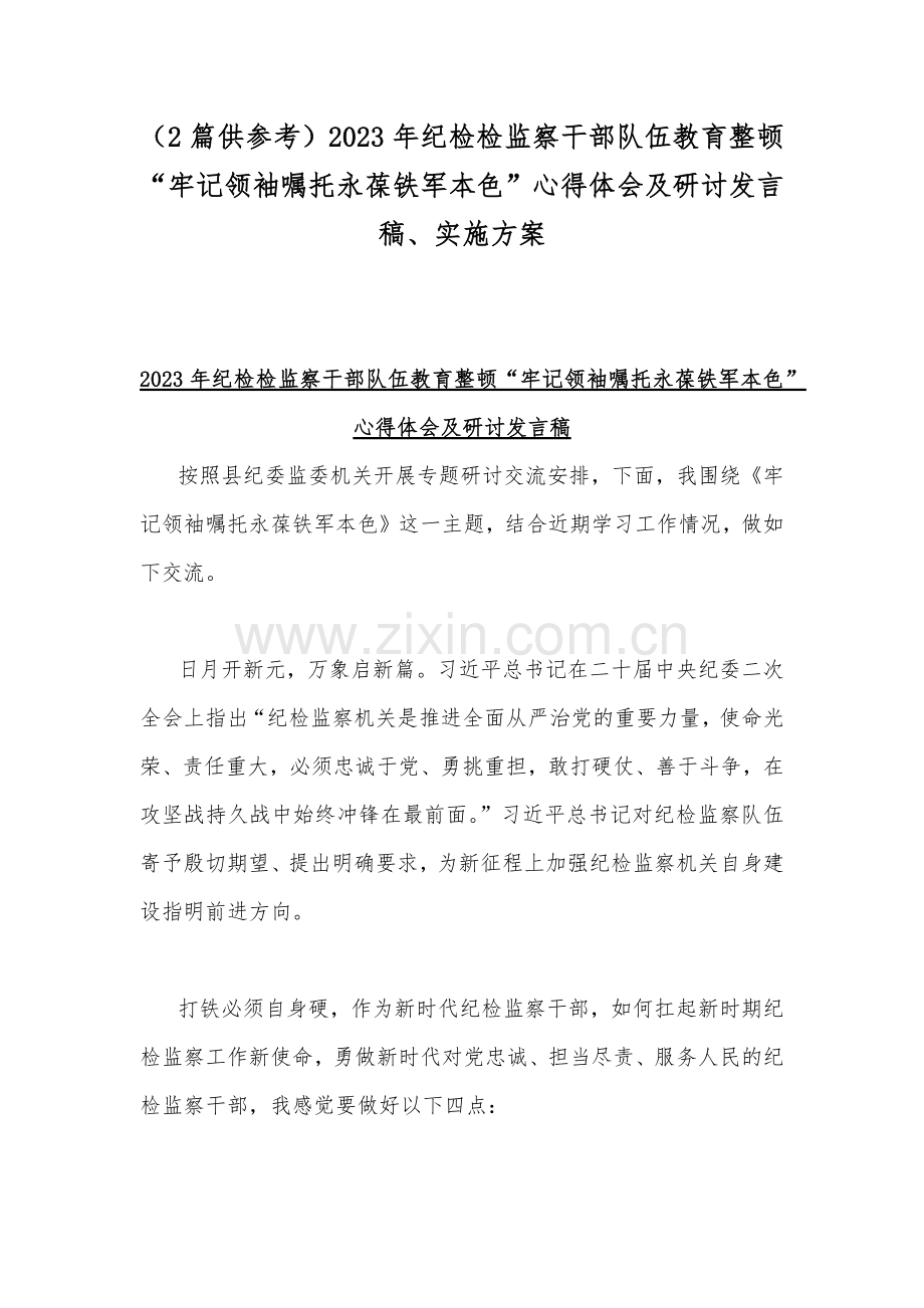 （2篇供参考）2023年纪检检监察干部队伍教育整顿“牢记领袖嘱托永葆铁军本色”心得体会及研讨发言稿、实施方案.docx_第1页