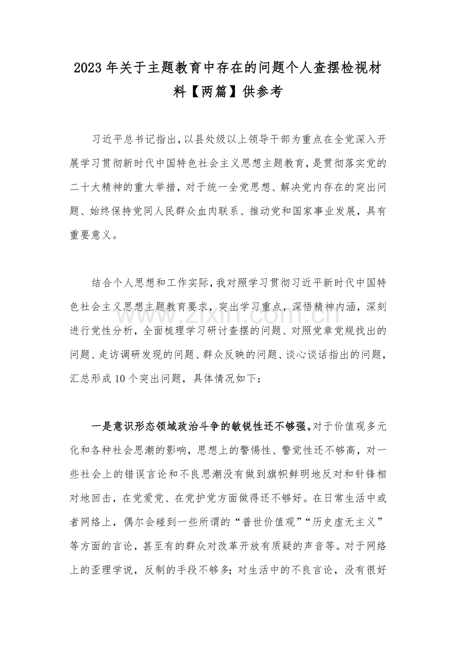 2023年关于主题教育中存在的问题个人查摆检视材料【两篇】供参考.docx_第1页