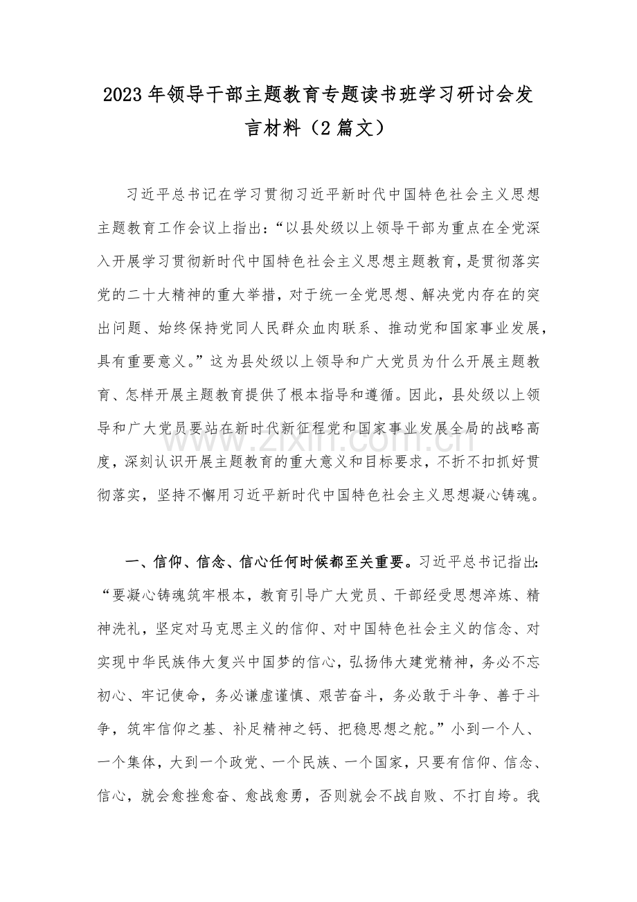 2023年领导干部主题教育专题读书班学习研讨会发言材料（2篇文）.docx_第1页