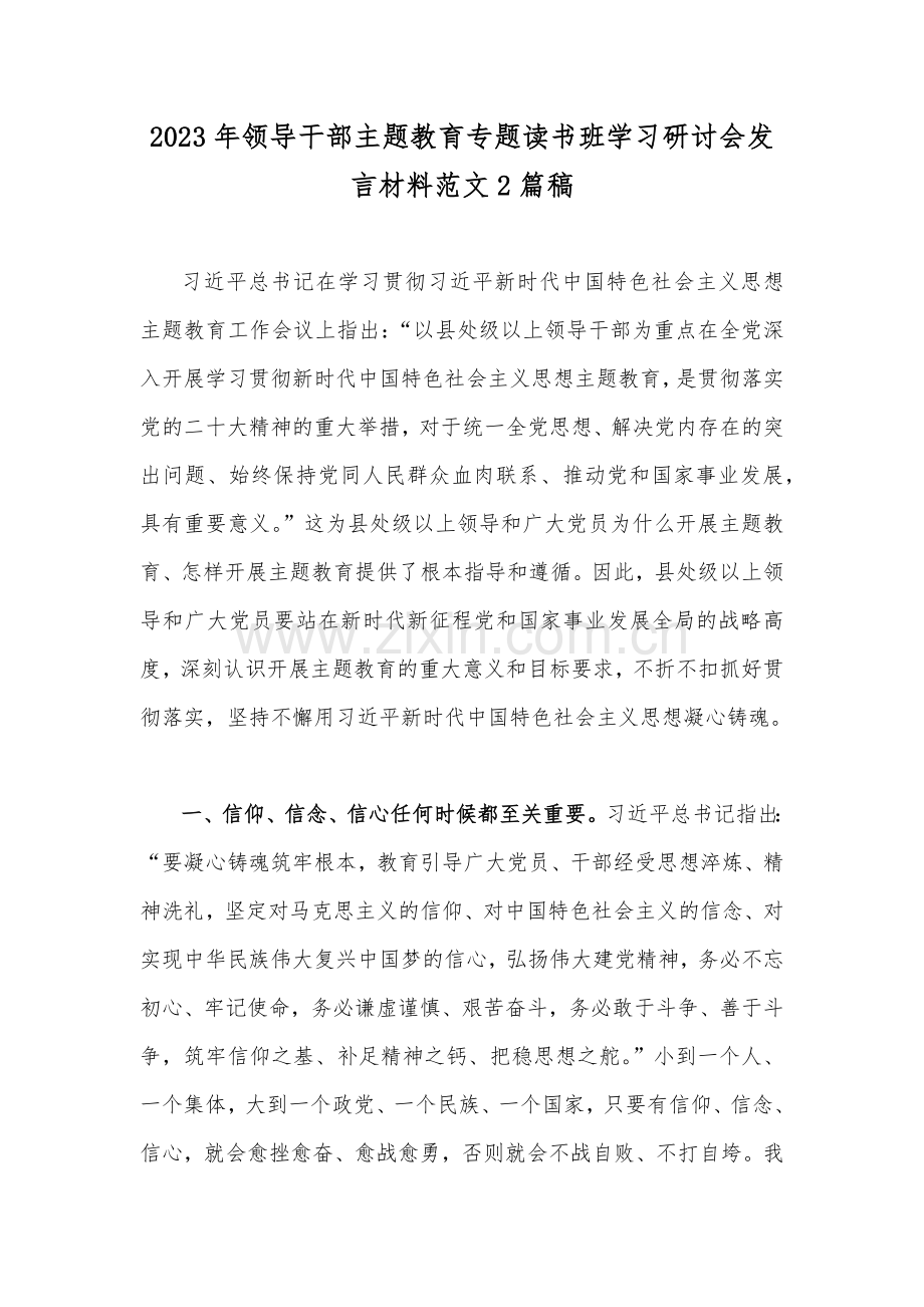 2023年领导干部主题教育专题读书班学习研讨会发言材料范文2篇稿.docx_第1页