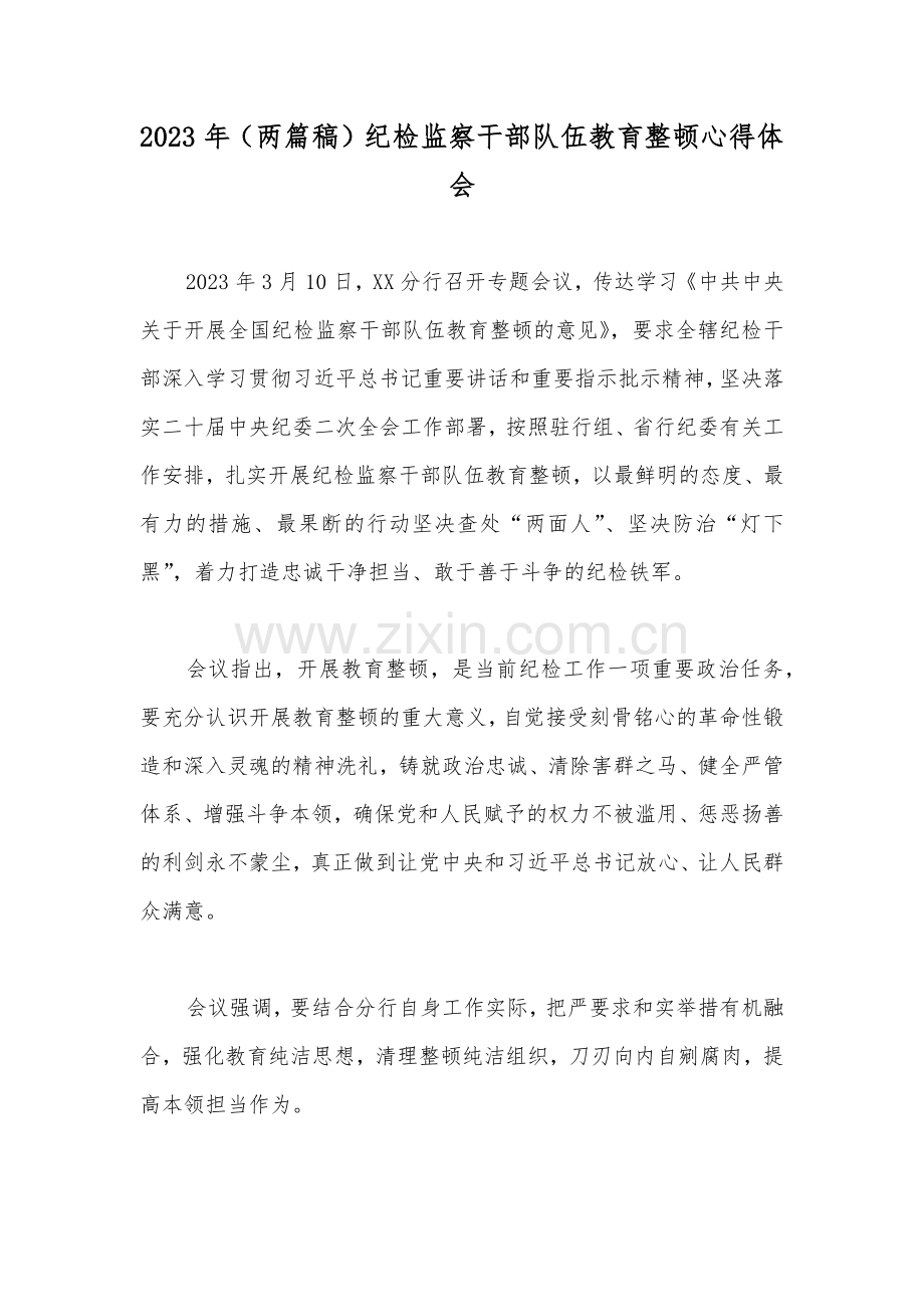 2023年（两篇稿）纪检监察干部队伍教育整顿心得体会.docx_第1页