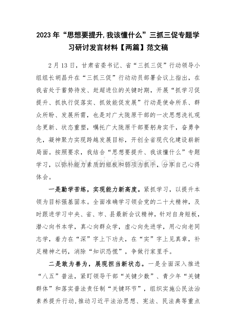 2023年“思想要提升,我该懂什么”三抓三促专题学习研讨发言材料【两篇】范文稿.docx_第1页