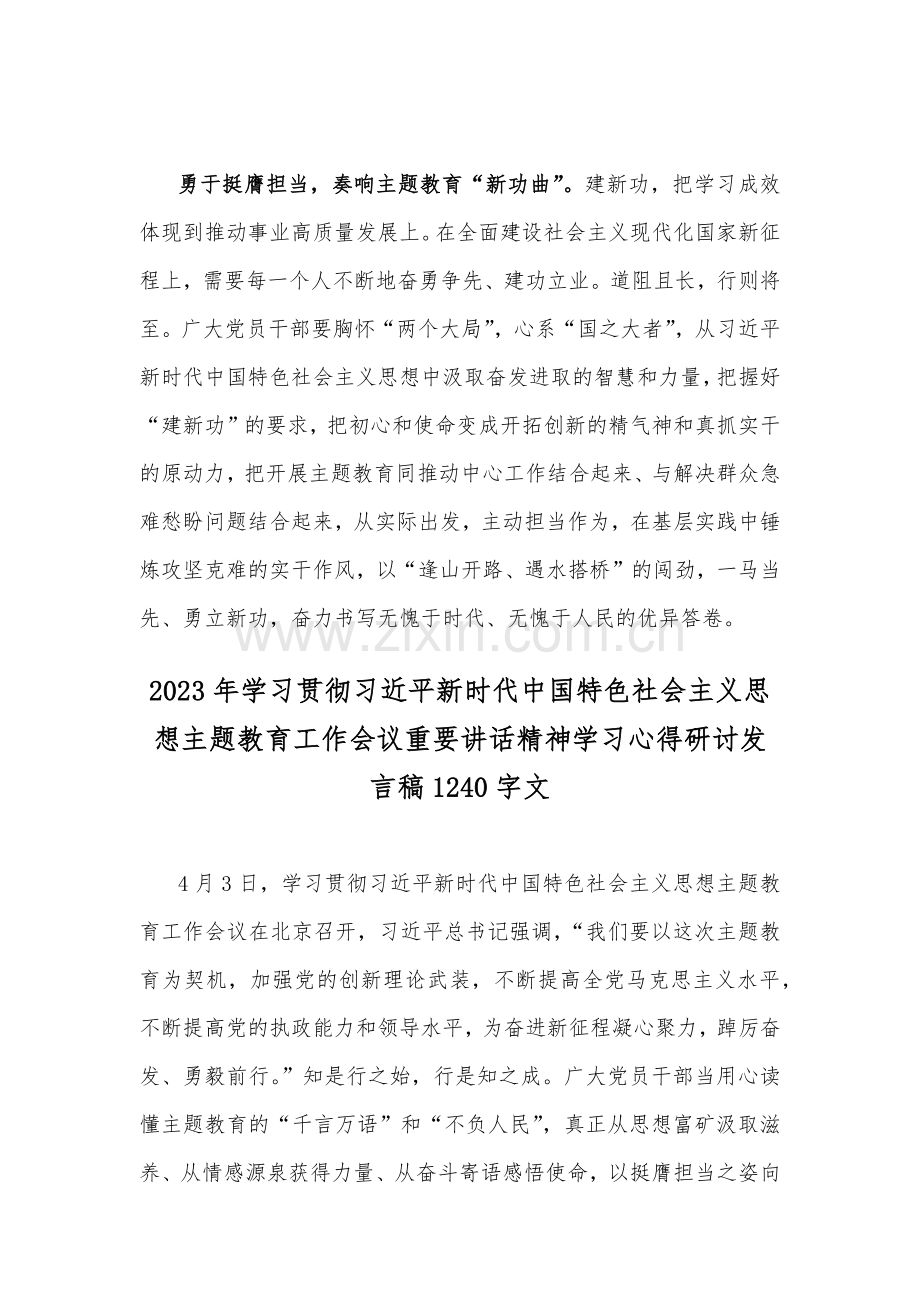 （合编2篇）2023年学习贯彻习近平新时代中国特色社会主义思想主题教育工作会议重要讲话精神学习心得研讨发言稿.docx_第3页